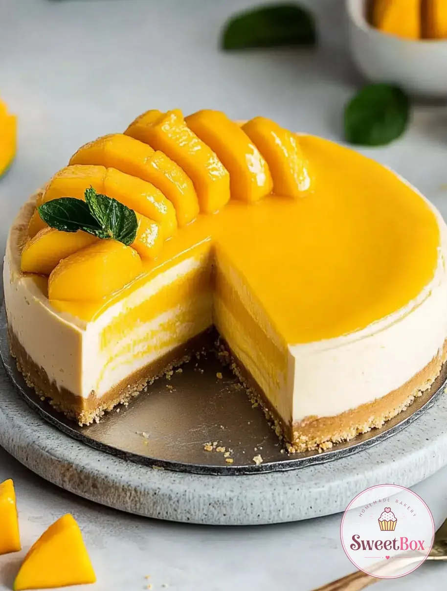 Mango cheesecake with a mango glaze, a fan of fresh mango slices and mint, cut to show the creamy filling