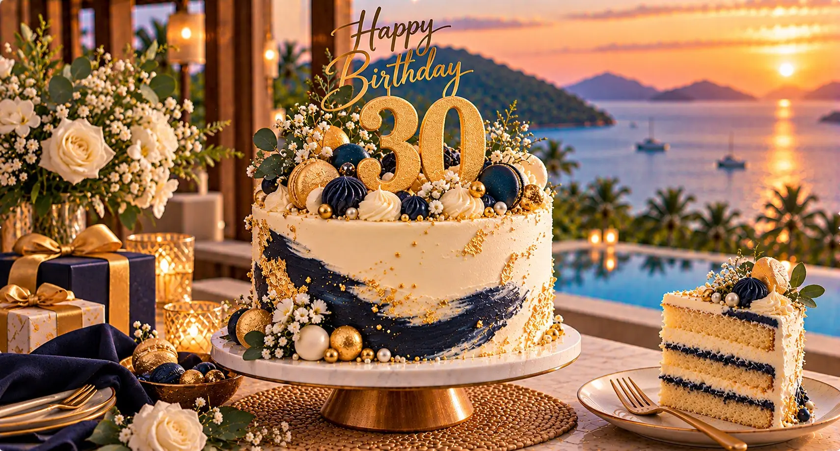 Cream and navy birthday cake with a gold number 30, a Happy Birthday topper, white flowers and gold spheres on a sunset terrace