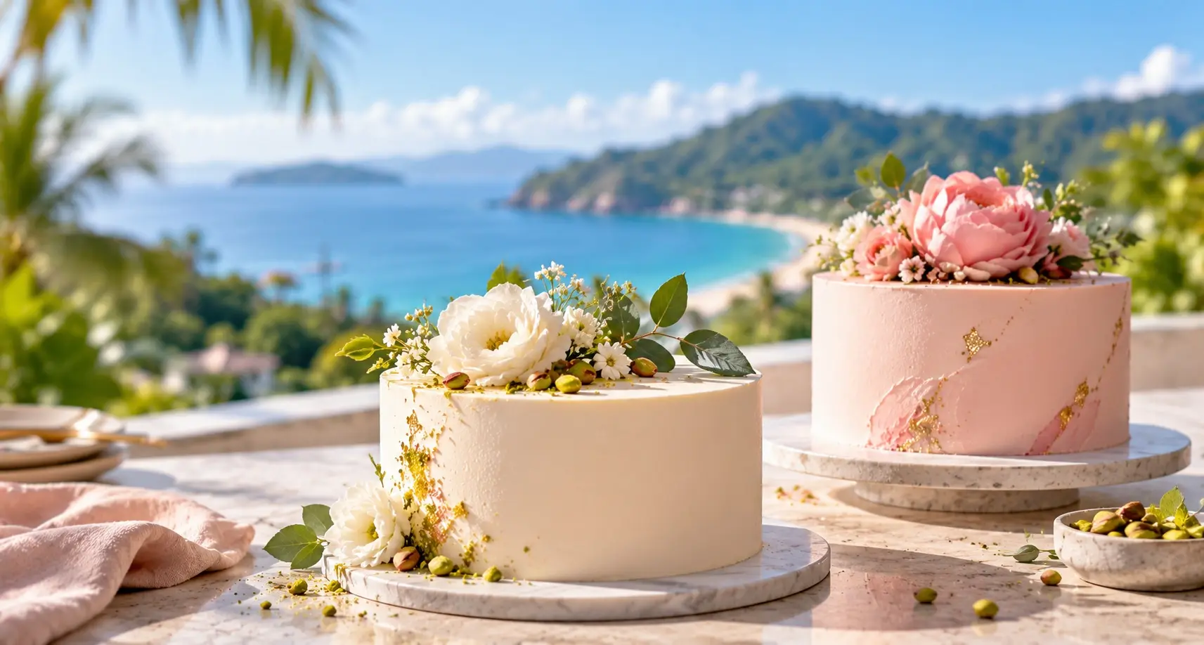 Smooth ivory cake with a white flower and pistachios next to a blush pink cake with a peony and gold flakes, above a tropical bay