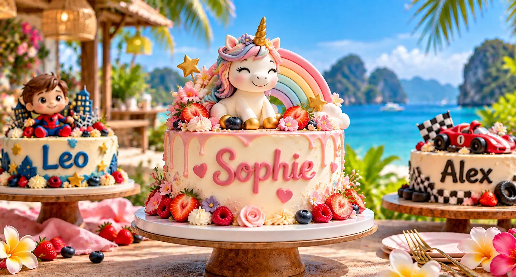 Three birthday cakes with the names Leo, Sophie and Alex, a unicorn with a rainbow on the middle cake, by a tropical bay