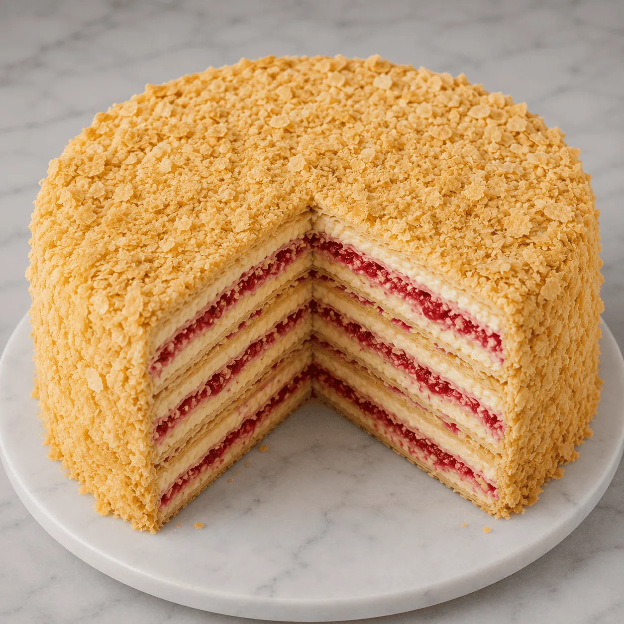Whole Napoleon cake with a slice cut out, showing crumbly puff pastry and berry cream layers