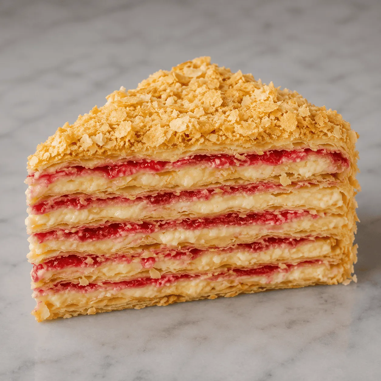 Slice of Napoleon cake with flaky puff pastry layers, custard cream and berry filling