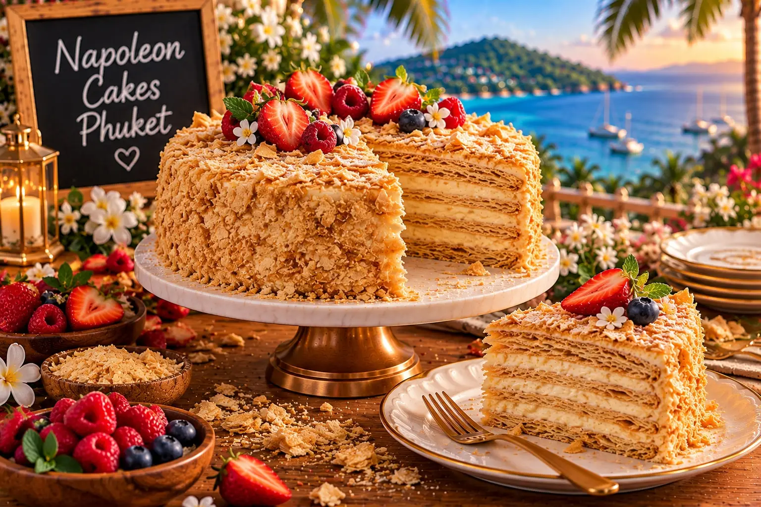 Napoleon cake with a flaky crumb coating, berries and flowers on top, a cut showing cream layers, and a slice on a plate