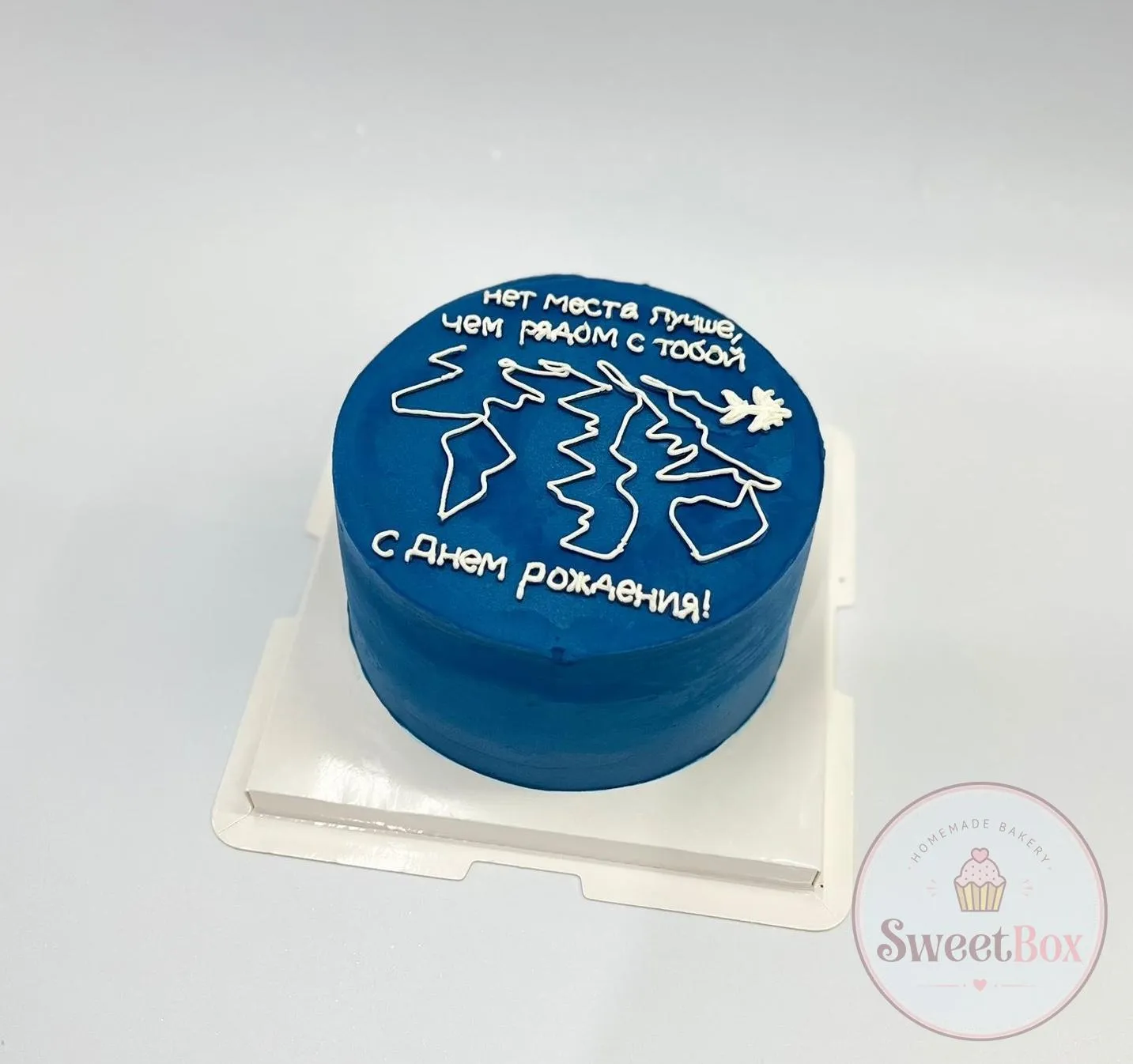 Deep blue bento cake with a white line map drawing and a romantic Russian birthday message