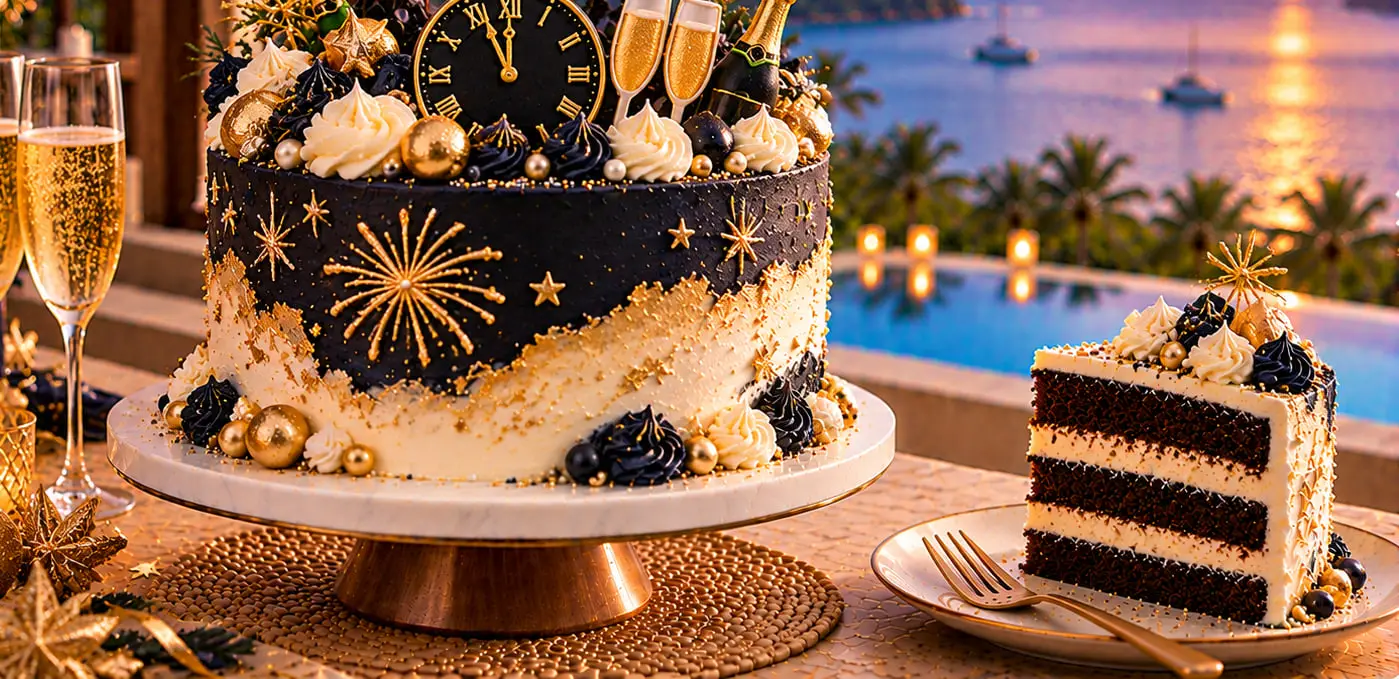 Black and gold New Year cake with a clock, champagne glasses, stars and gold pearls on a terrace above a tropical bay at sunset