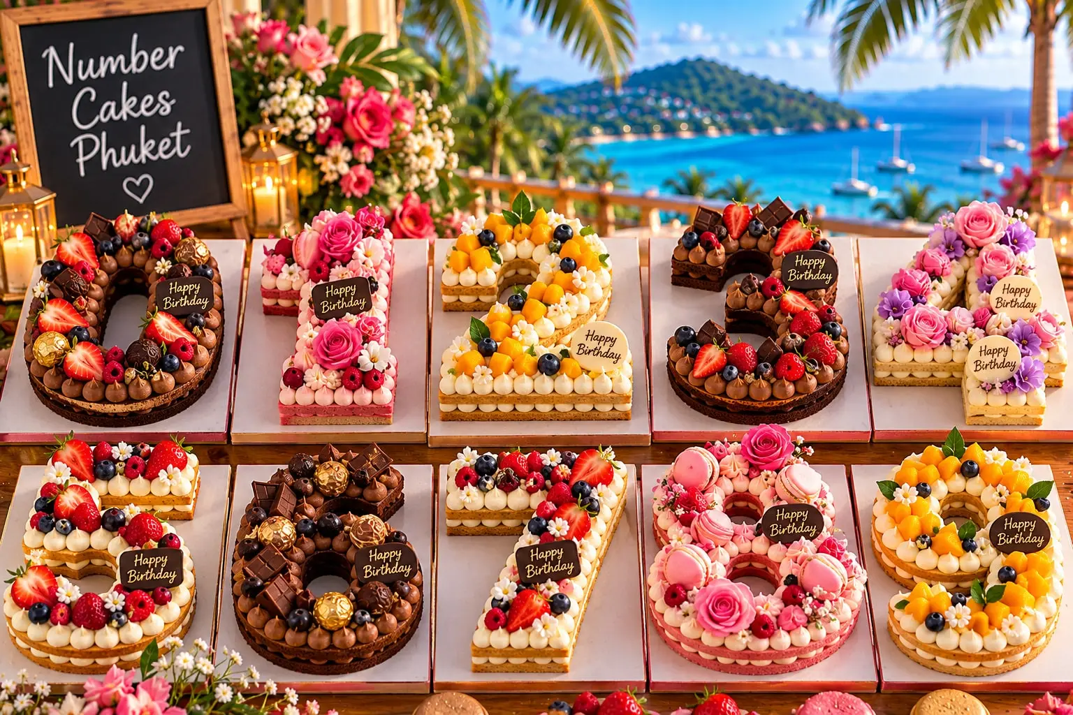 Rows of digit-shaped number cakes topped with berries, chocolate, mango and roses, each with a Happy Birthday plaque