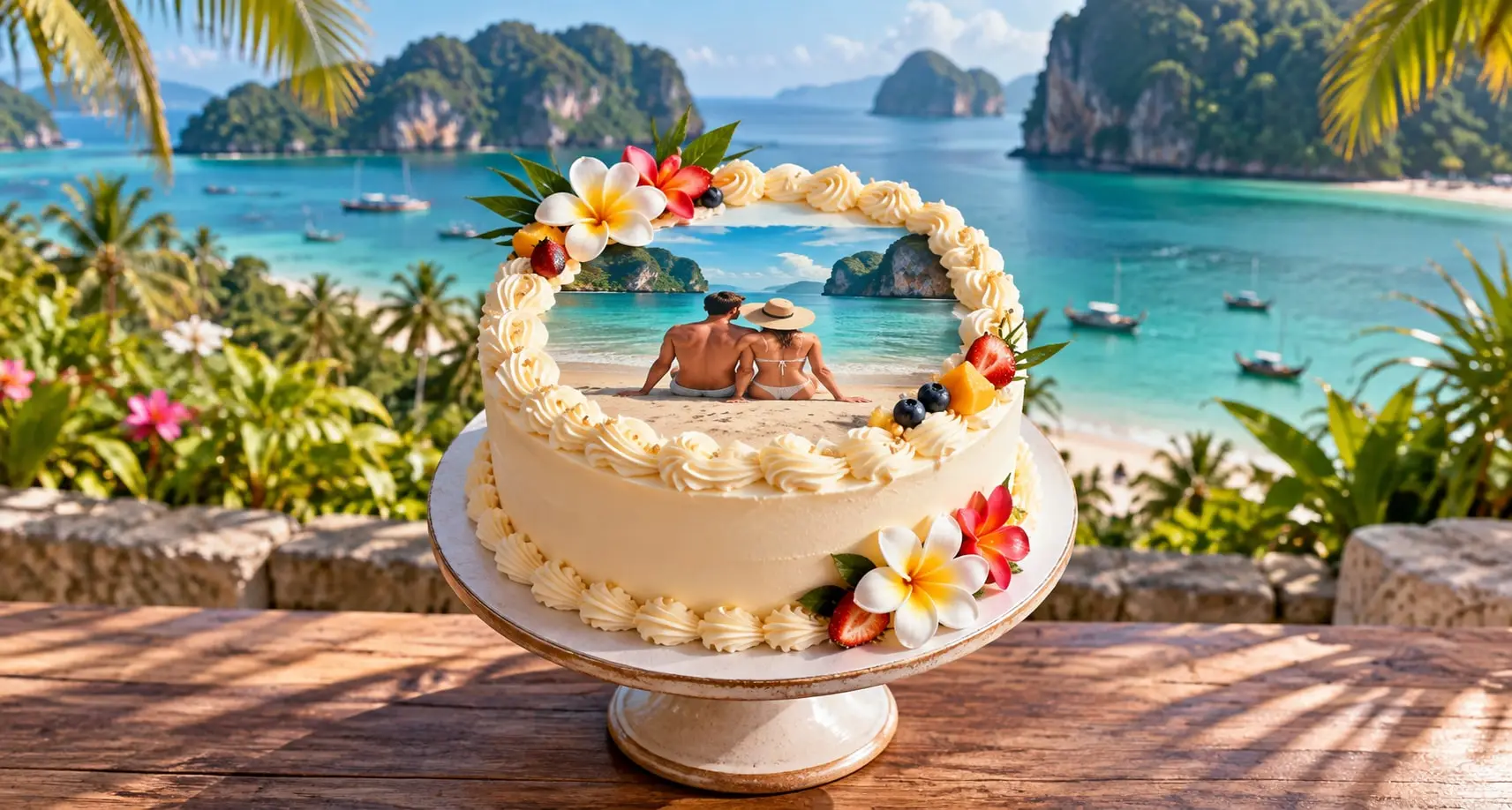 Cream cake with an edible photo of a couple on a tropical beach, framed by piped cream and frangipani, on a seaside table