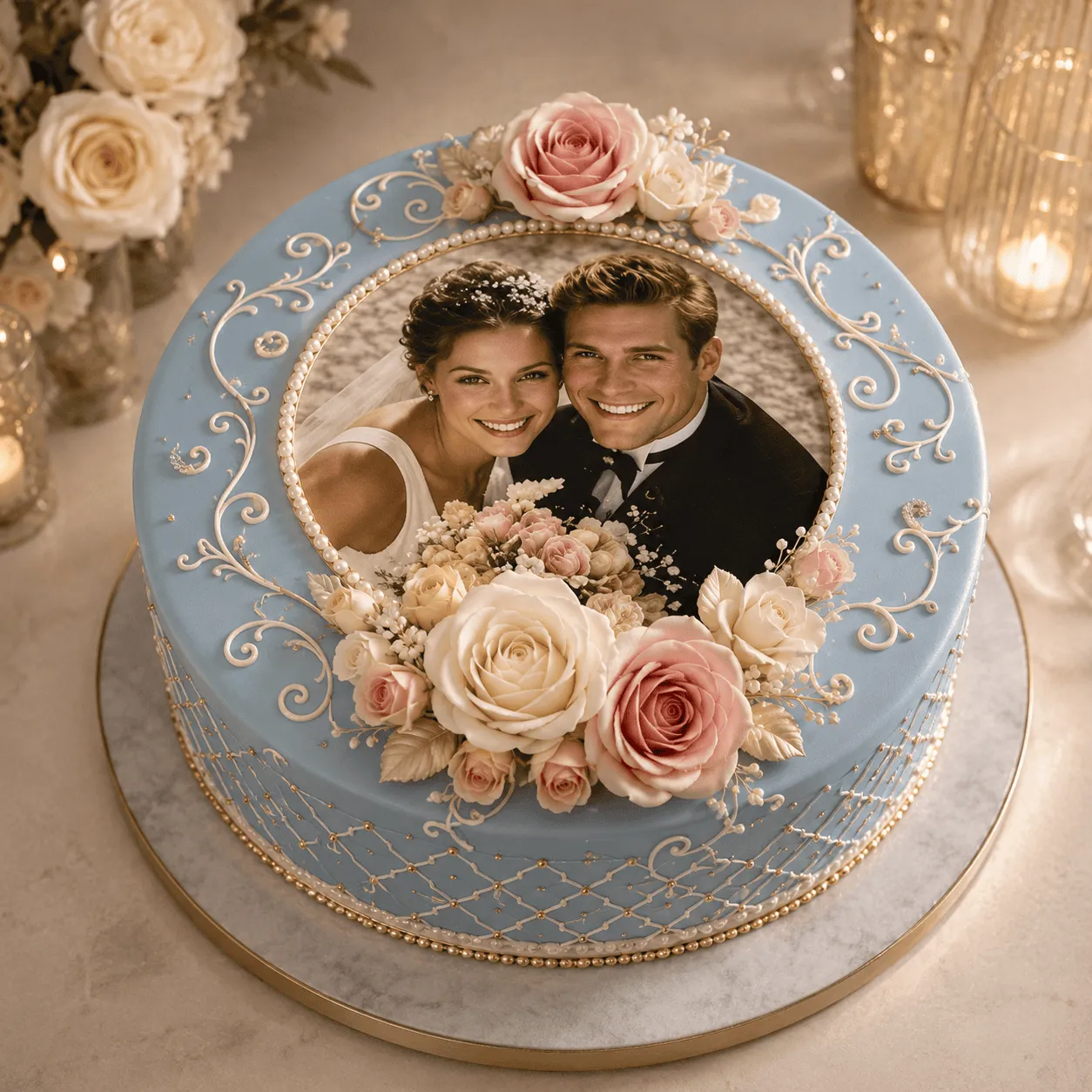Round blue wedding cake with an edible couple portrait framed by cream roses and white piping