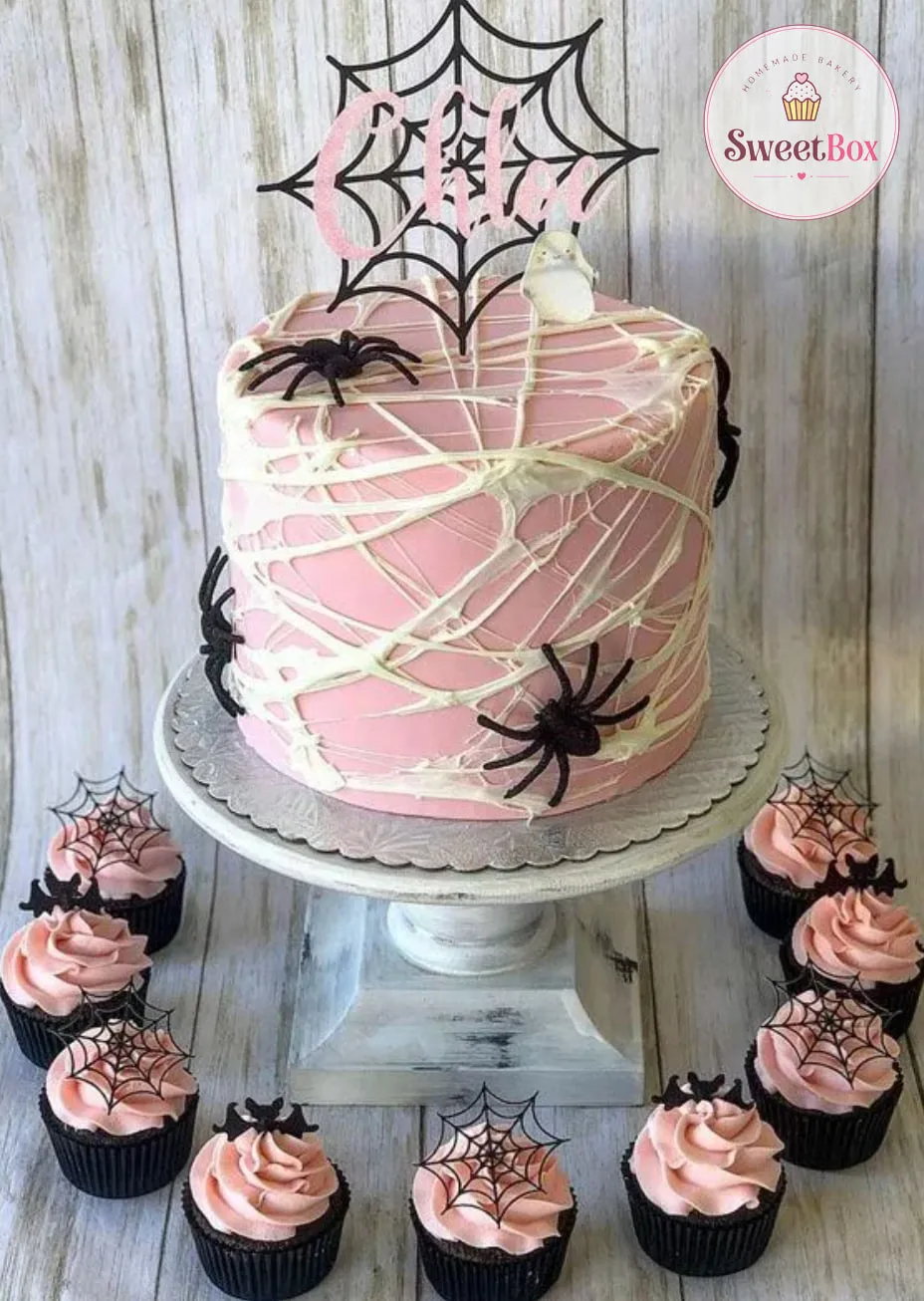 Pink cake wrapped in white web threads with black spiders and a web name topper, surrounded by pink cupcakes