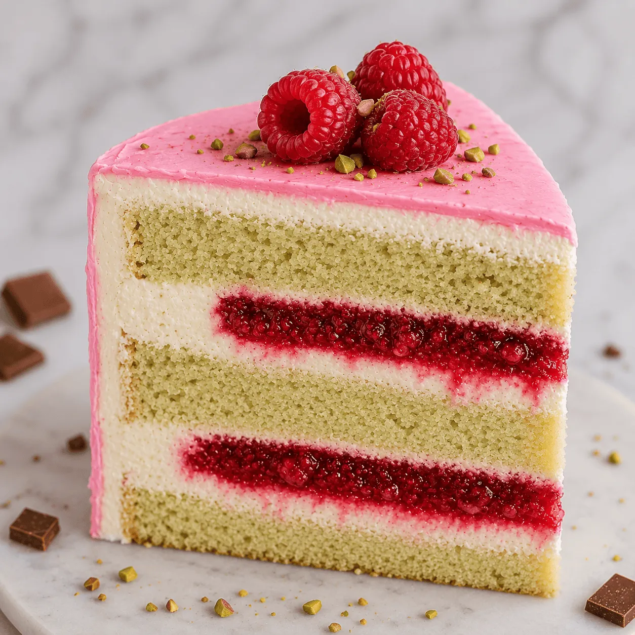 Slice of pistachio raspberry cake with pink frosting, raspberry layers and fresh raspberries on top