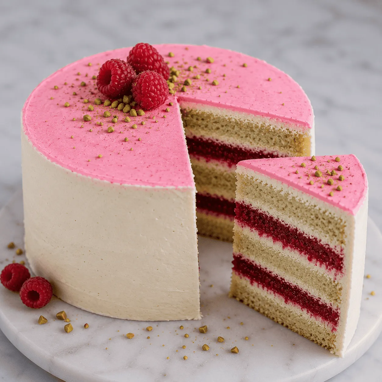 Whole pistachio raspberry cake with pink top, fresh raspberries and a cut slice showing red layers