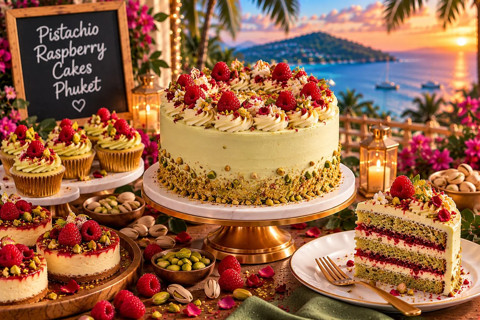 Pistachio cake with cream rosettes, raspberries and a crushed pistachio base, a slice with raspberry layers, and mini tarts