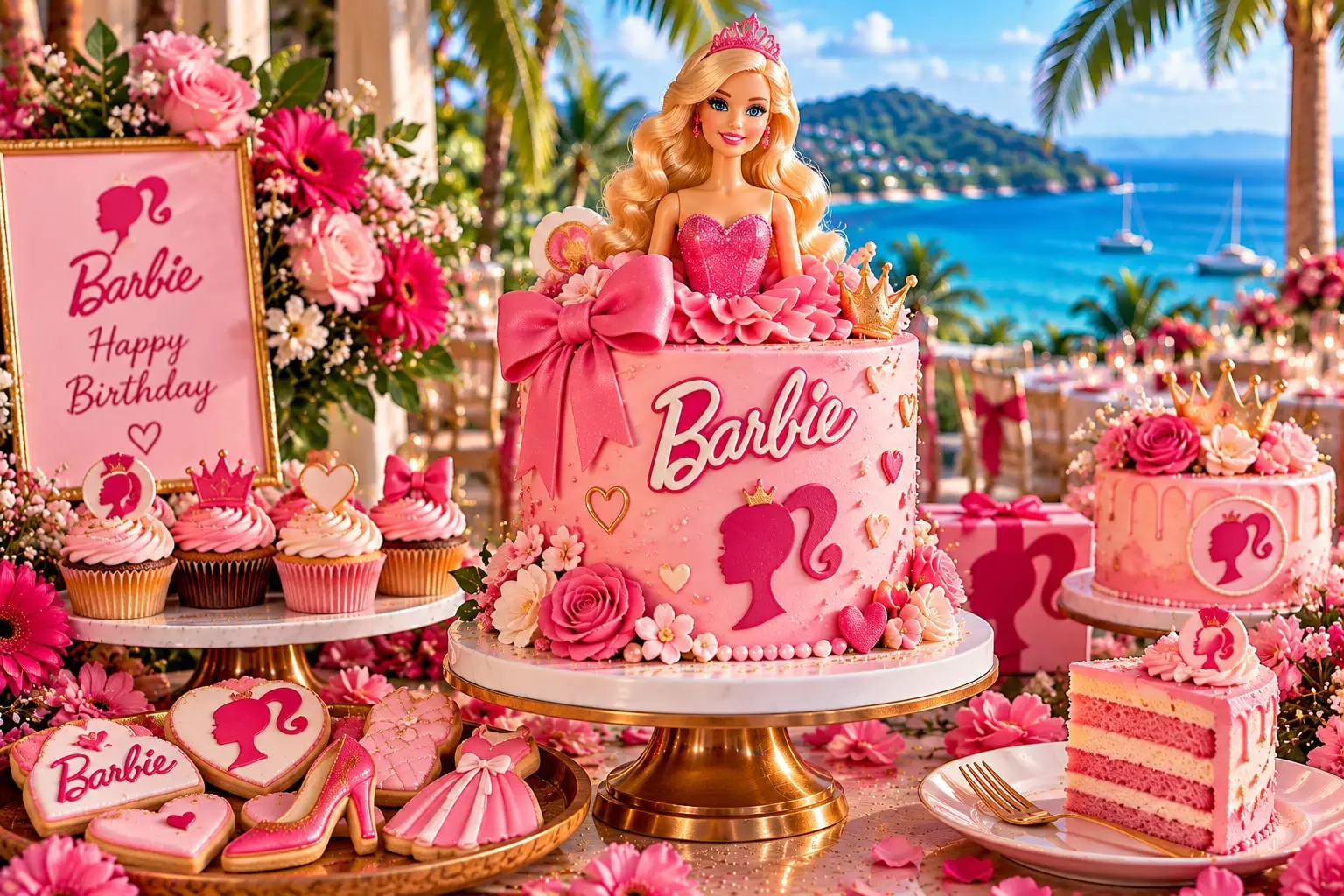 Pink birthday cake with a blonde doll topper, Barbie lettering, a big bow and roses, with pink cupcakes, cookies and a layered slice