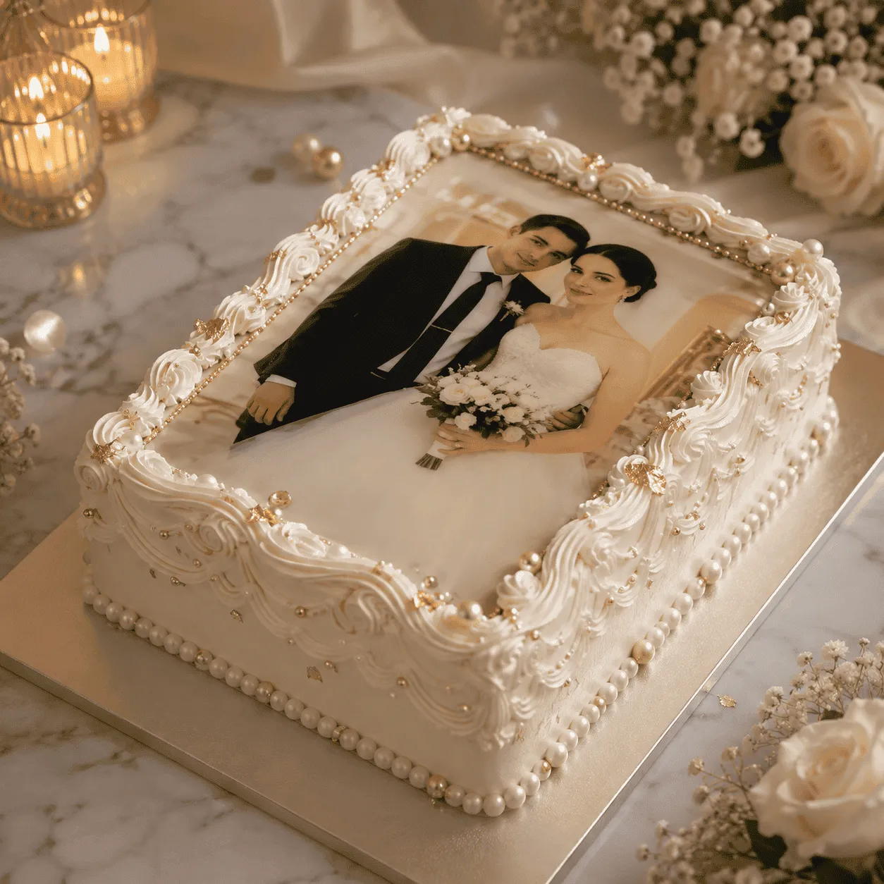 Rectangular white wedding cake printed with a bride and groom photo, trimmed with pearl piping