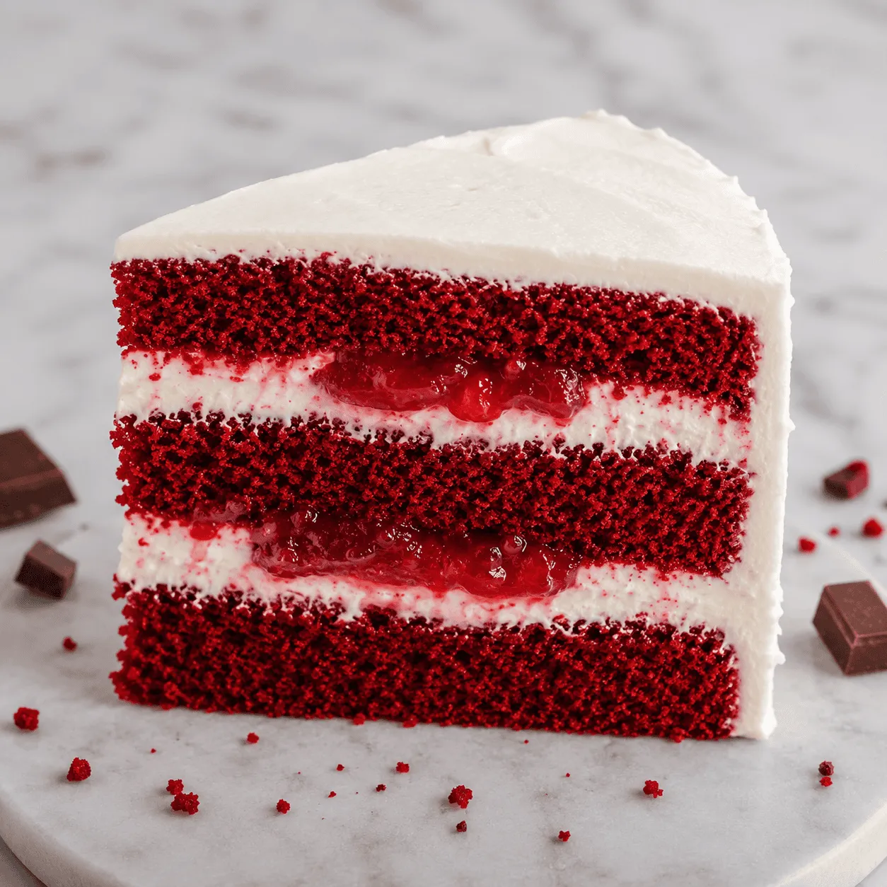 Slice of red velvet cake with white cream cheese frosting and berry filling between the layers