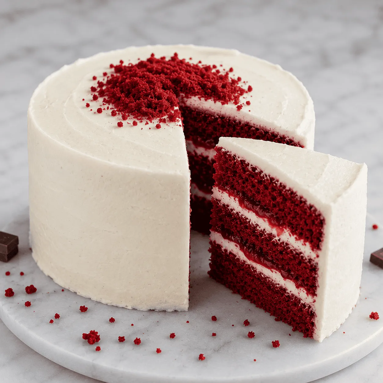 Whole white-frosted red velvet cake with red crumb topping and a slice cut out to show the layers
