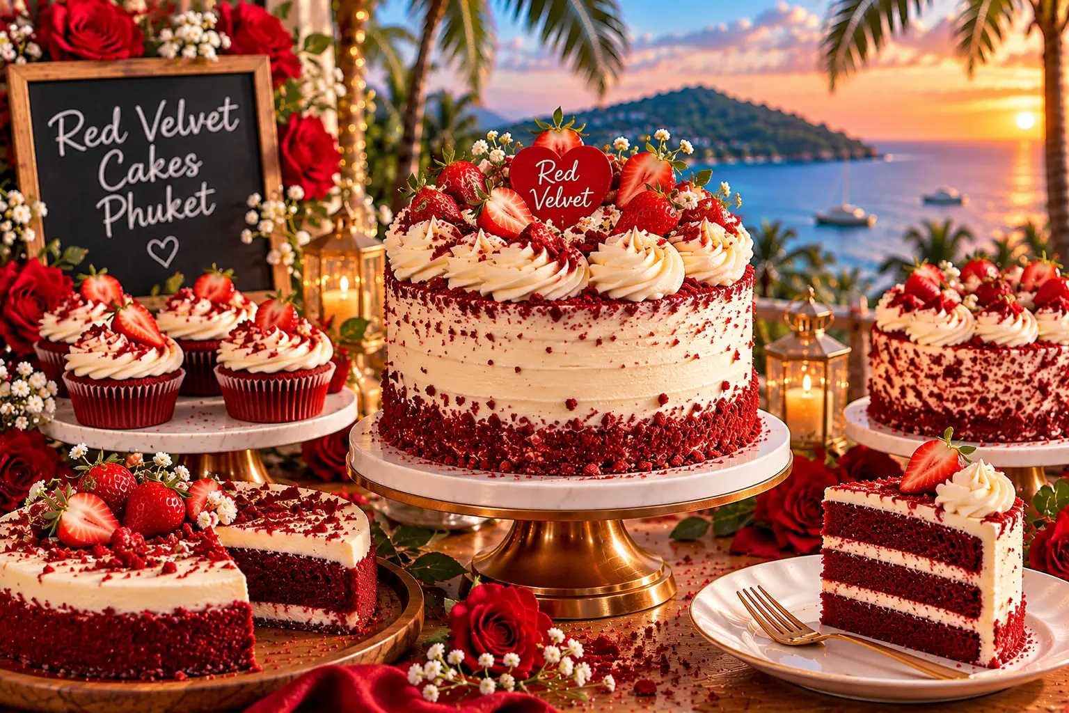 Red velvet cake with cream cheese frosting, strawberries and a Red Velvet heart topper, with cupcakes and slices at sunset