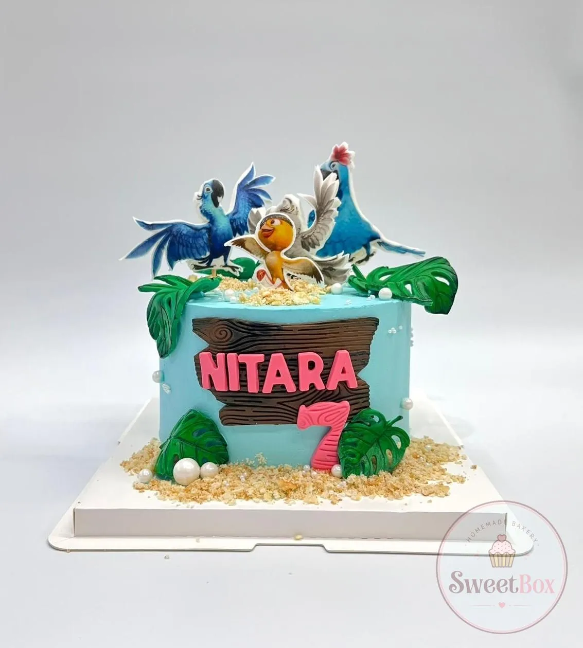 Rio themed kids cake with parrot toppers, tropical leaves and a wooden sign with the child’s name and age 7