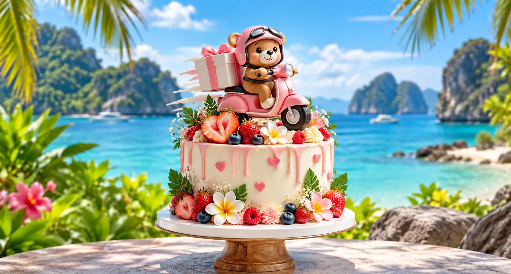 Pink drip cake with strawberries and frangipani, topped with a teddy bear riding a pink delivery scooter by the sea