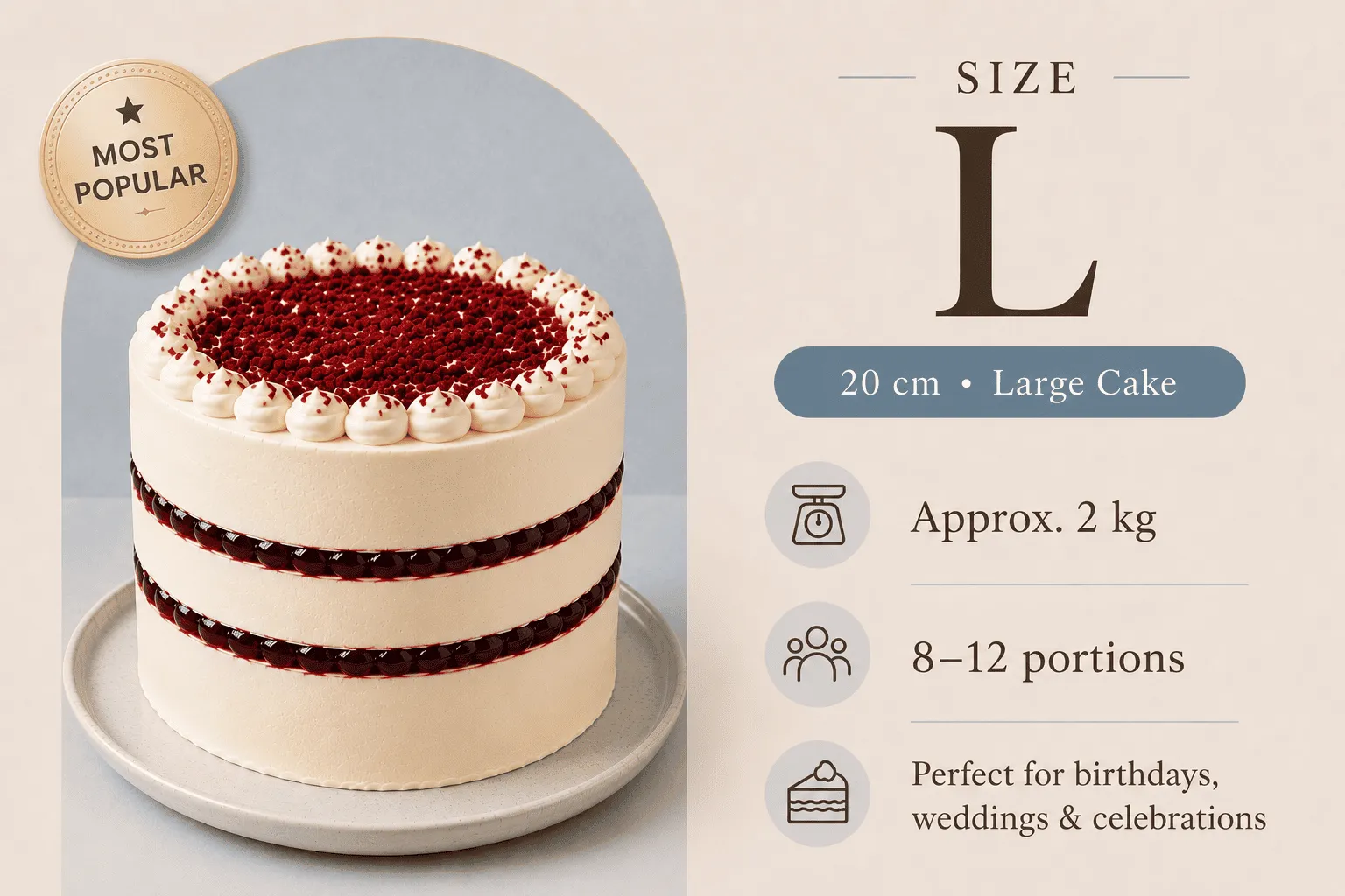 Size L large cake: 20 cm layered red velvet cake, about 2 kg, serves 8–12 people