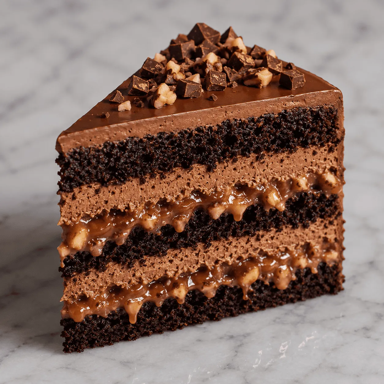 Slice of Snickers-style chocolate cake with caramel peanut layers and chopped chocolate on top