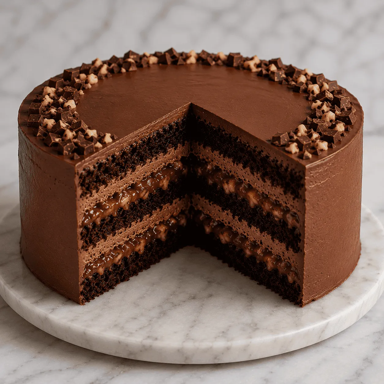 Whole Snickers-style chocolate cake with a nutty chocolate border and a cut showing caramel layers