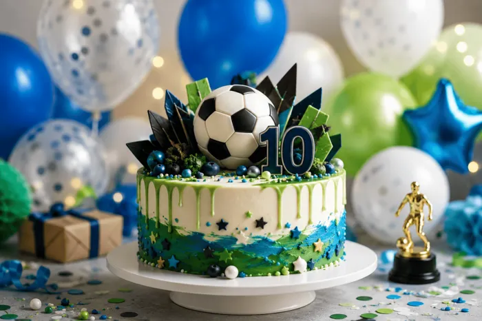 Soccer-themed kids birthday cake with a ball, number 10 topper and green drip, with a trophy beside it