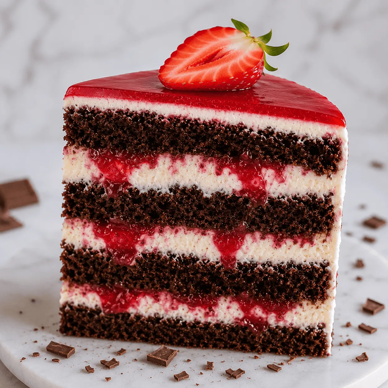 Slice of strawberry chocolate cake with dark sponge, strawberry jam layers and a fresh strawberry on top