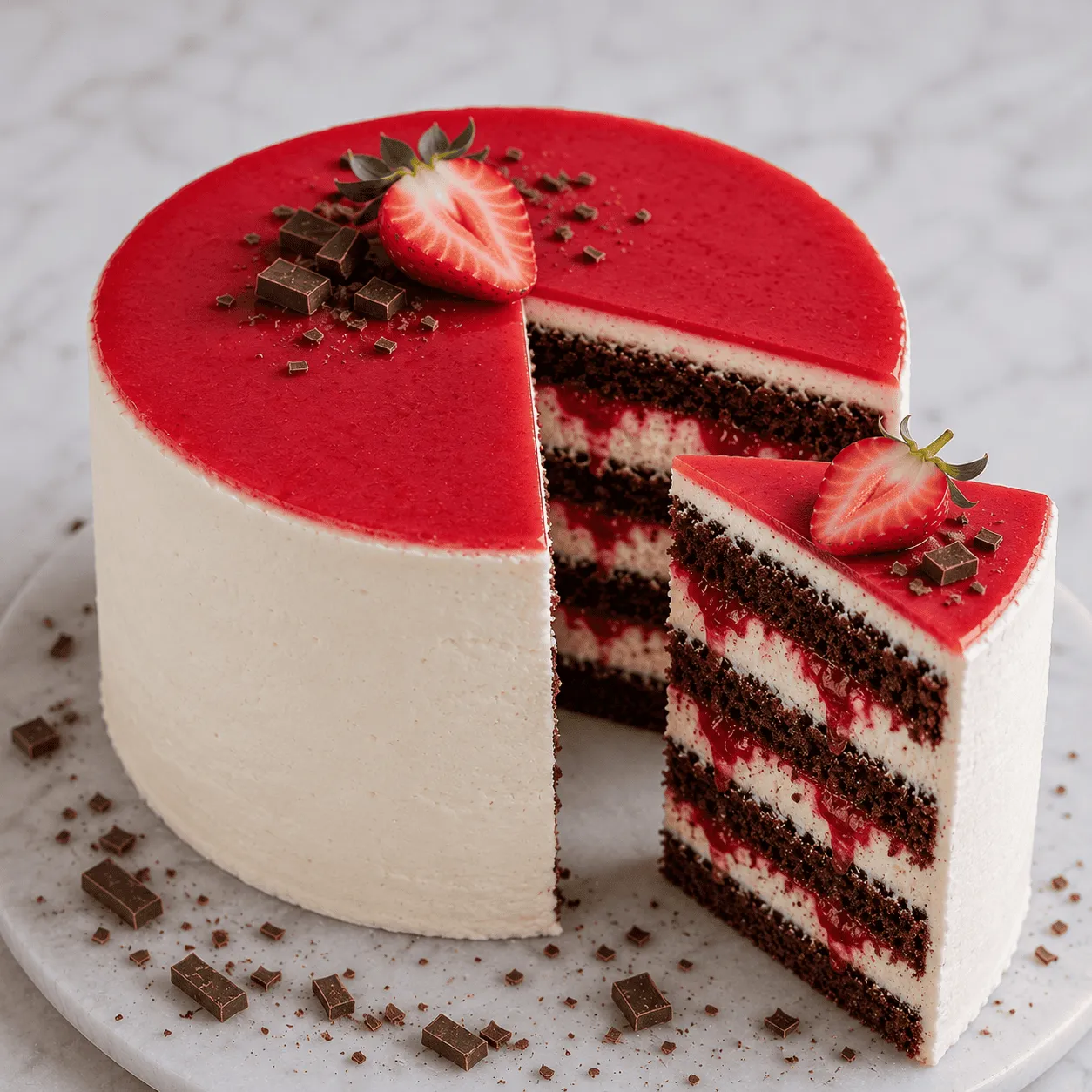 Whole strawberry chocolate cake with red glaze, fresh strawberries and a cut revealing chocolate layers