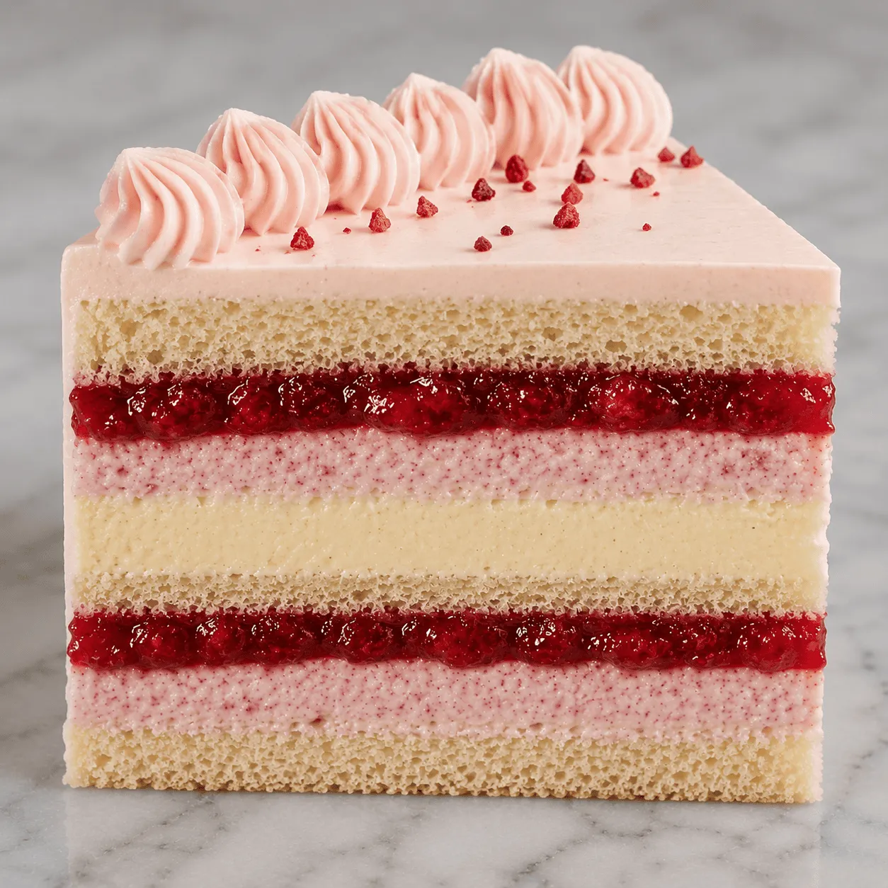Slice of strawberry velvet cake with pink sponge, strawberry jam layers and pink cream rosettes