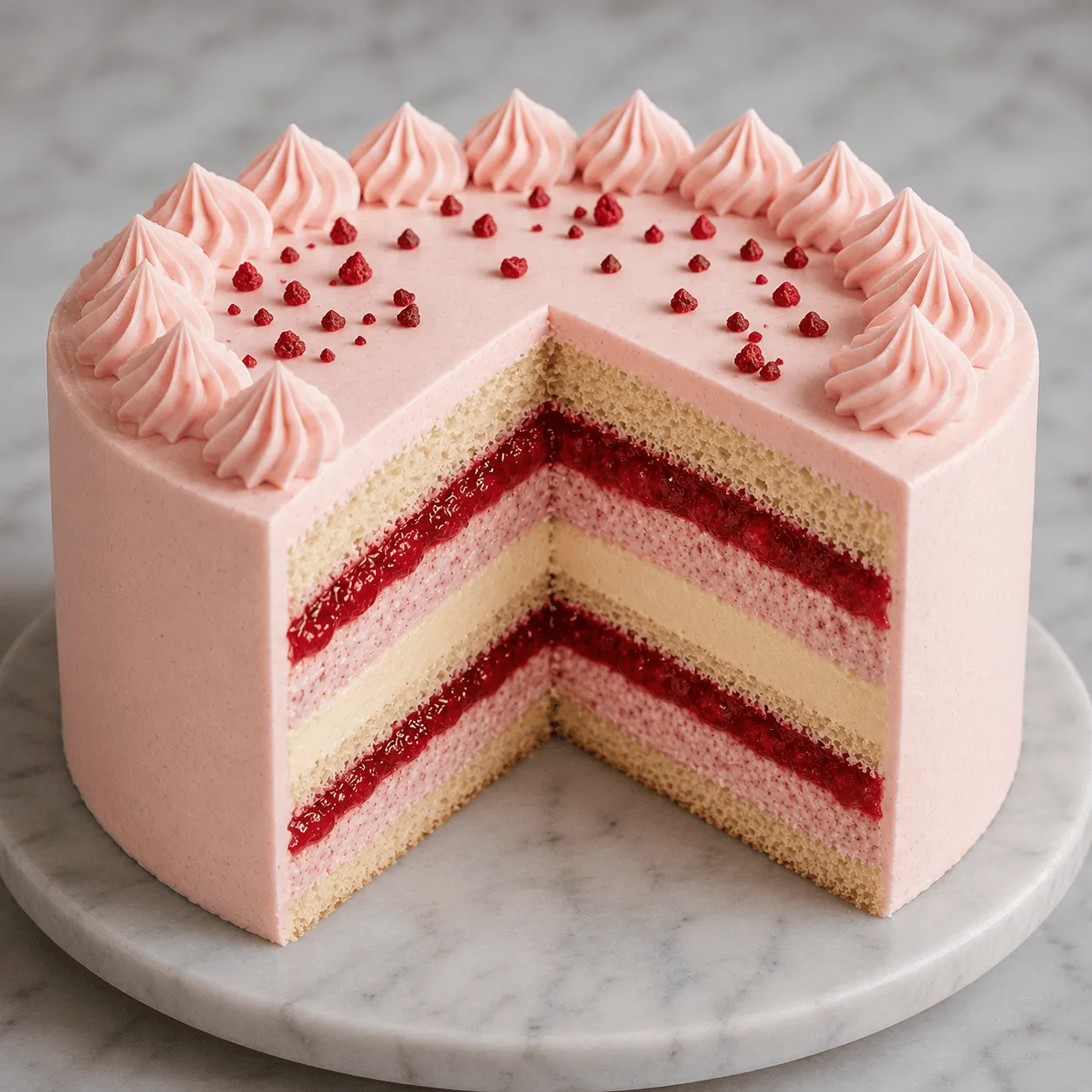 Whole pink strawberry velvet cake with piped cream rosettes and a cut showing strawberry layers