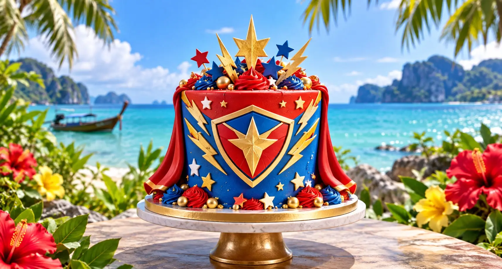 Blue superhero cake with a red cape, a gold star emblem, lightning bolts and stars on a stand by a tropical beach