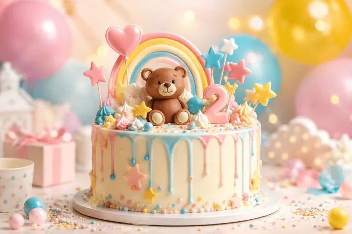 Pastel drip cake with a teddy bear, rainbow and number 2 topper among balloons for a kids birthday