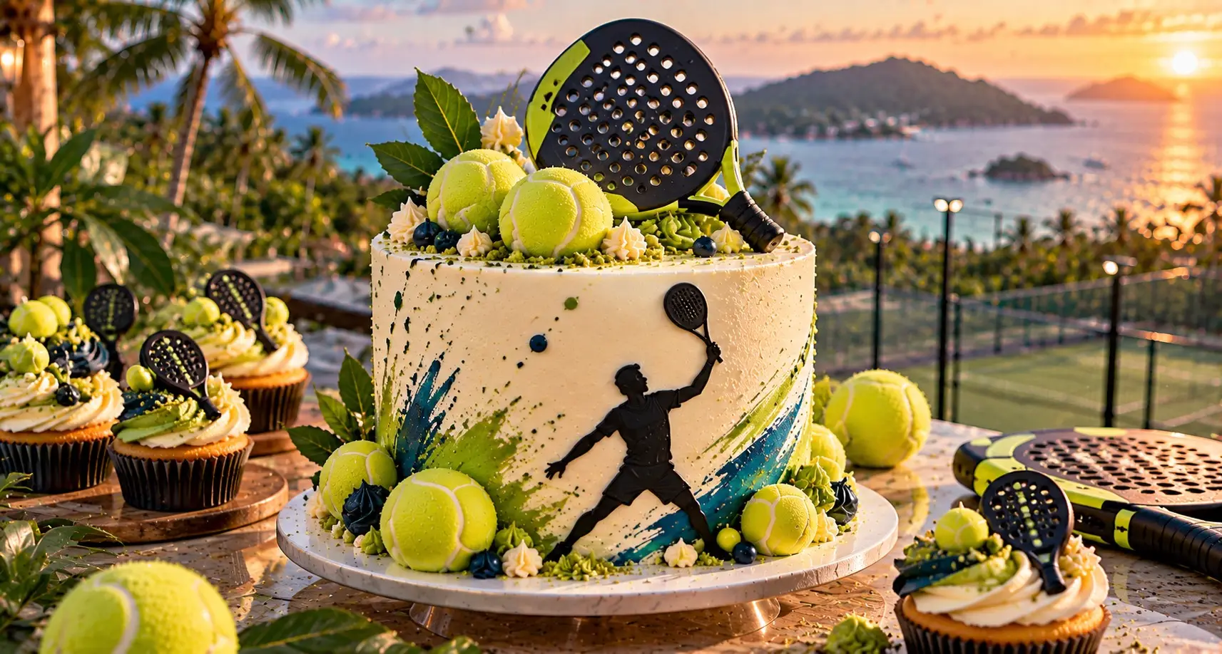 White cake with a padel racket, tennis balls and a player silhouette, with matching cupcakes and a court and the sea at sunset behind