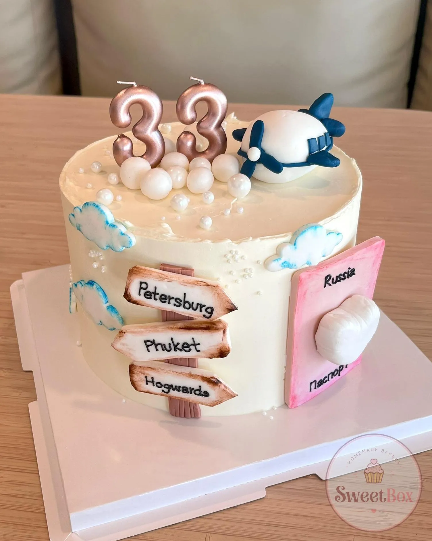 Travel birthday cake with number 33 candles, an airplane, a passport and city signposts
