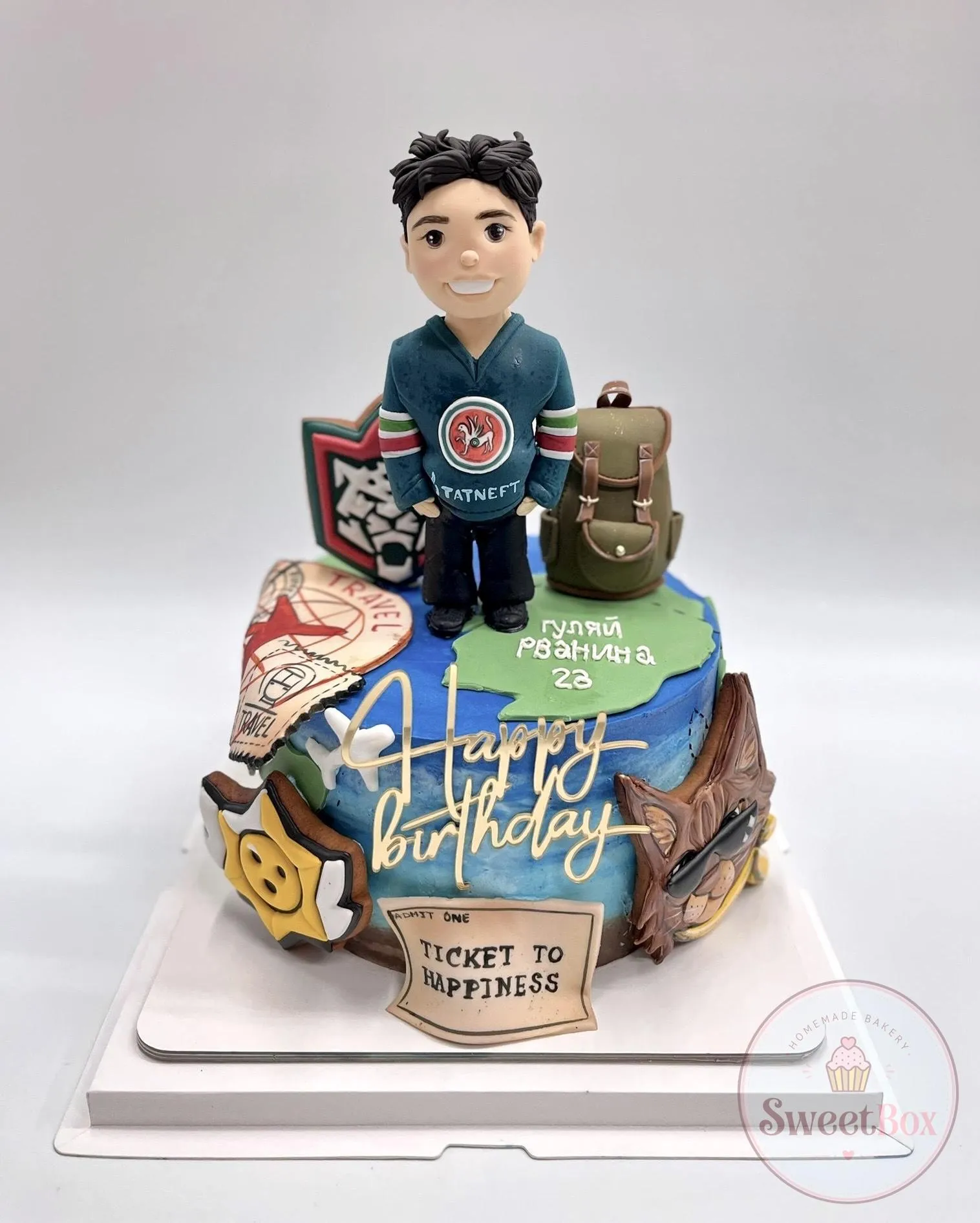 Blue globe-themed birthday cake with a traveler figurine, a backpack, travel cookies and a Ticket to Happiness sign