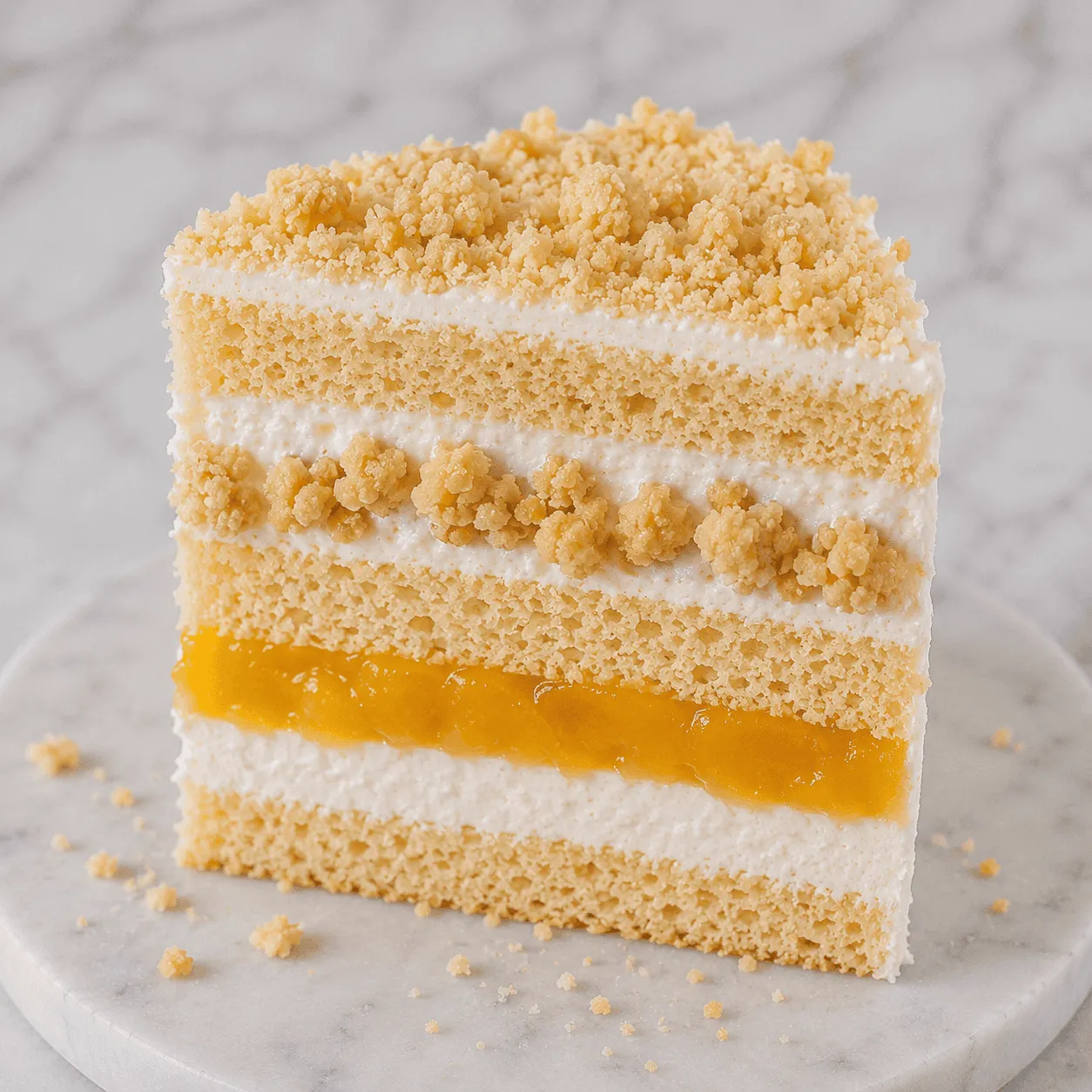 Slice of tropical cake with vanilla sponge, mango passion fruit layer and golden crumble topping