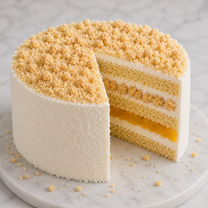 Whole tropical cake with white frosting, golden crumble top and a cut showing the mango layer