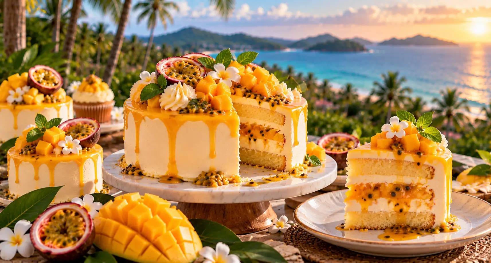 Mango and passion fruit cakes with a golden drip and diced mango, one of them cut, with a slice on a plate, by a palm-lined bay at sunset