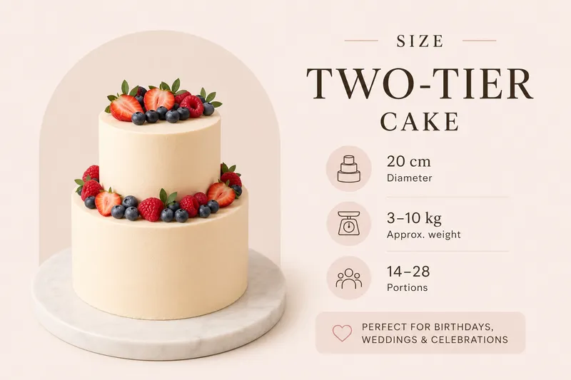 Two-tier cake size guide: berry-topped cake 3–10 kg serving 14–28 people, for birthdays and weddings