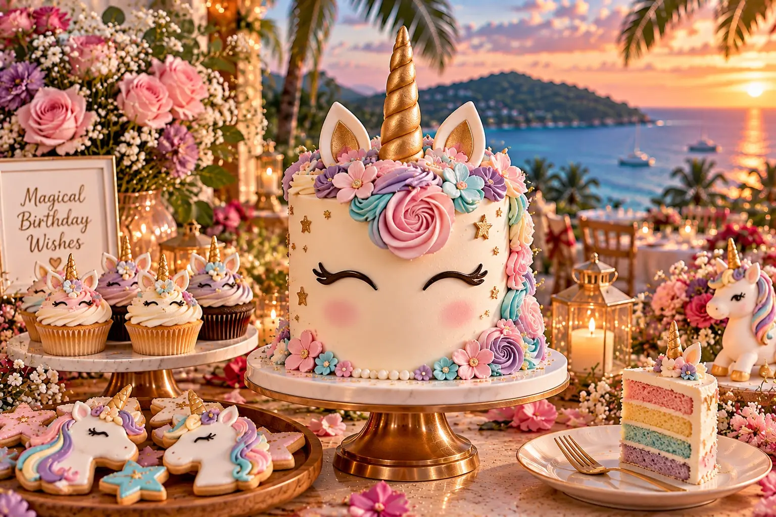 Unicorn cake with a gold horn, closed eyelashes and a pastel rosette mane, with unicorn cupcakes, cookies and a rainbow slice