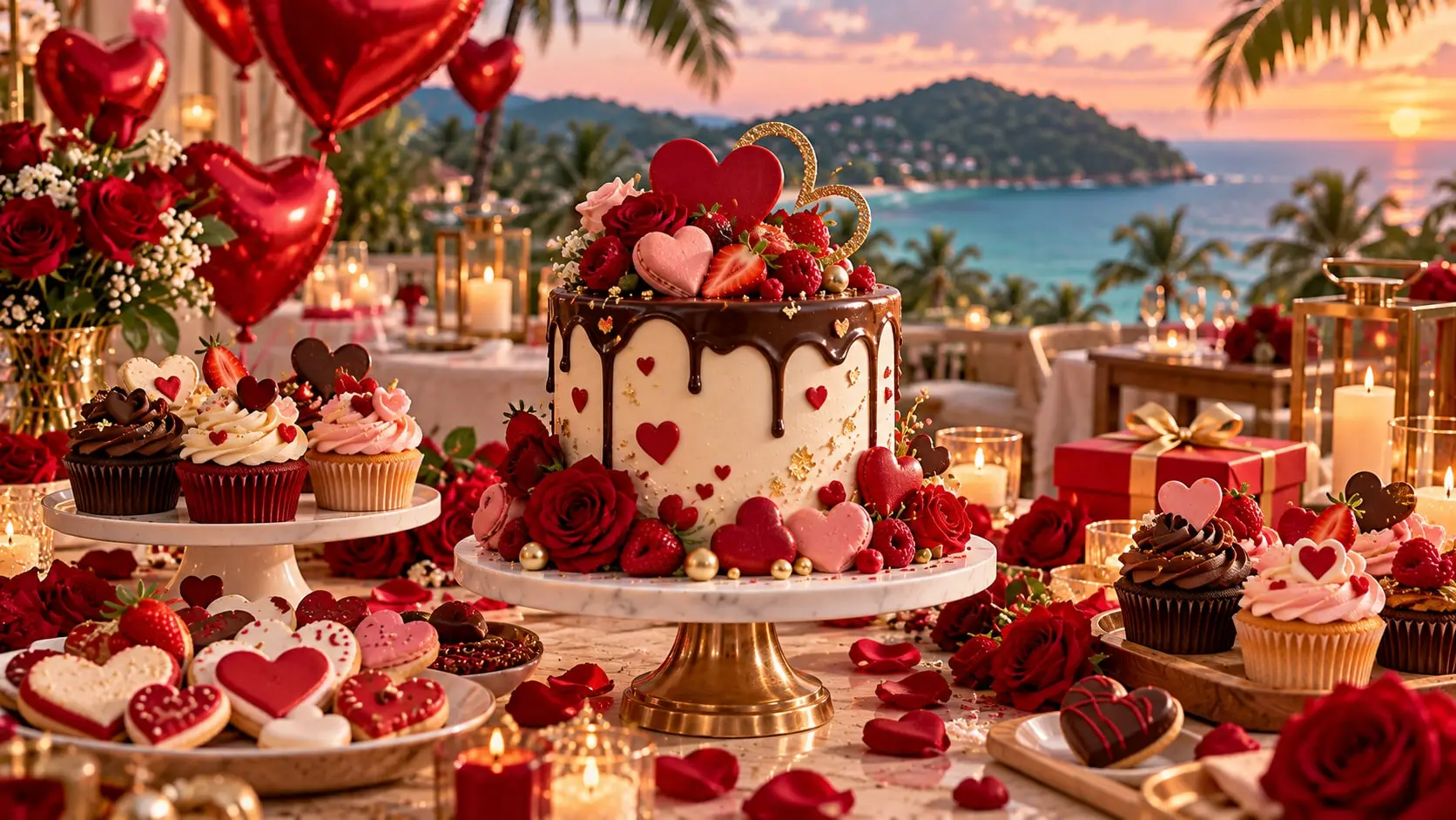 Valentine's cake with chocolate drip, strawberries, red roses and heart toppers among heart cupcakes and cookies at sunset