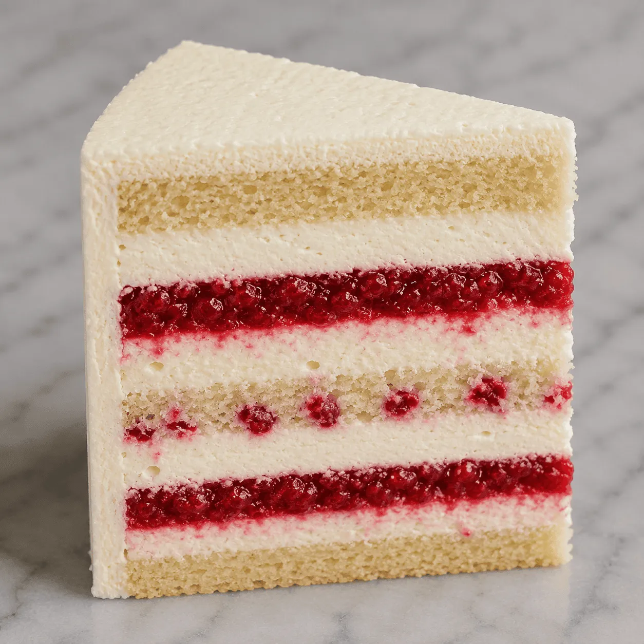 Slice of vanilla berry cake with light sponge, cream and mixed berry jam layers
