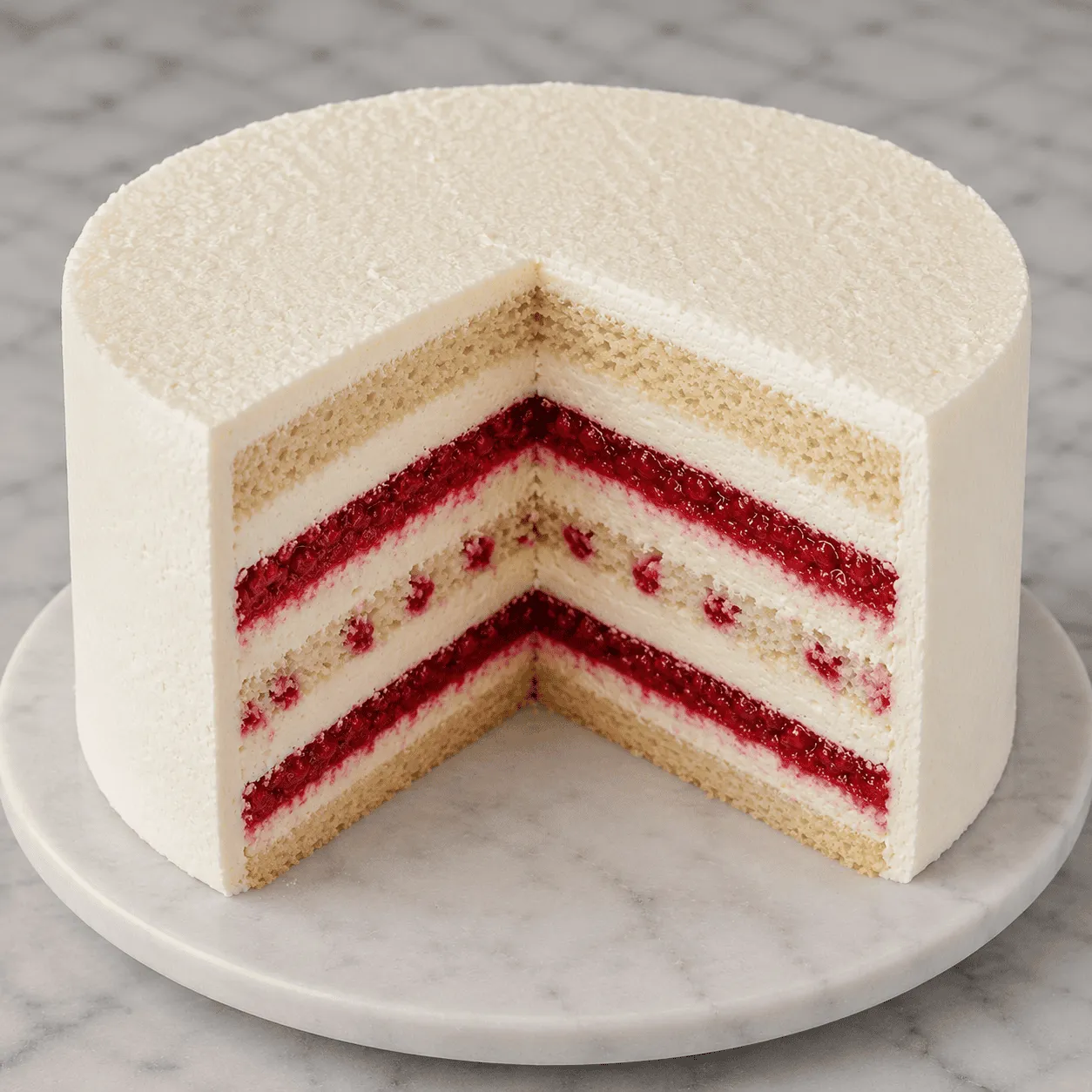 Whole white vanilla berry cake on a marble stand with a cut showing red berry layers — cake by SweetBox