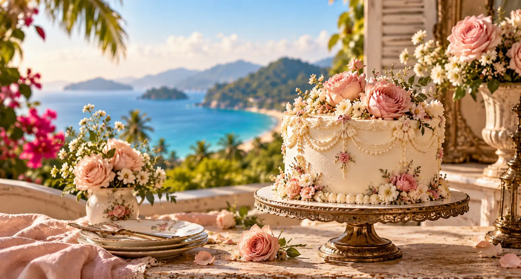 Cream vintage cake with piped swags, bows and pink roses on a gilded stand on a terrace above a tropical bay
