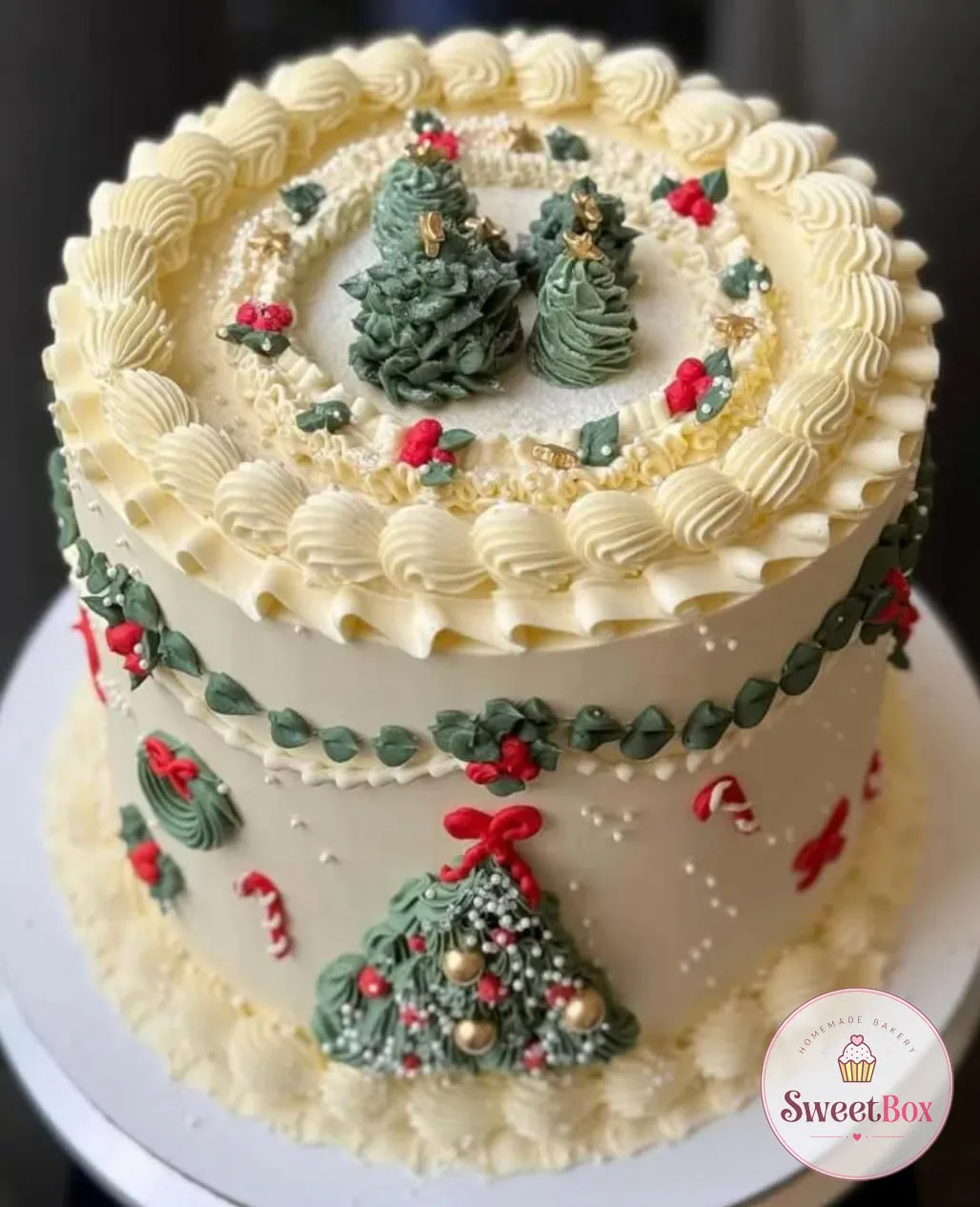 Ivory vintage Christmas cake with piped shell borders, small green cream trees, holly garlands, candy canes and red bows