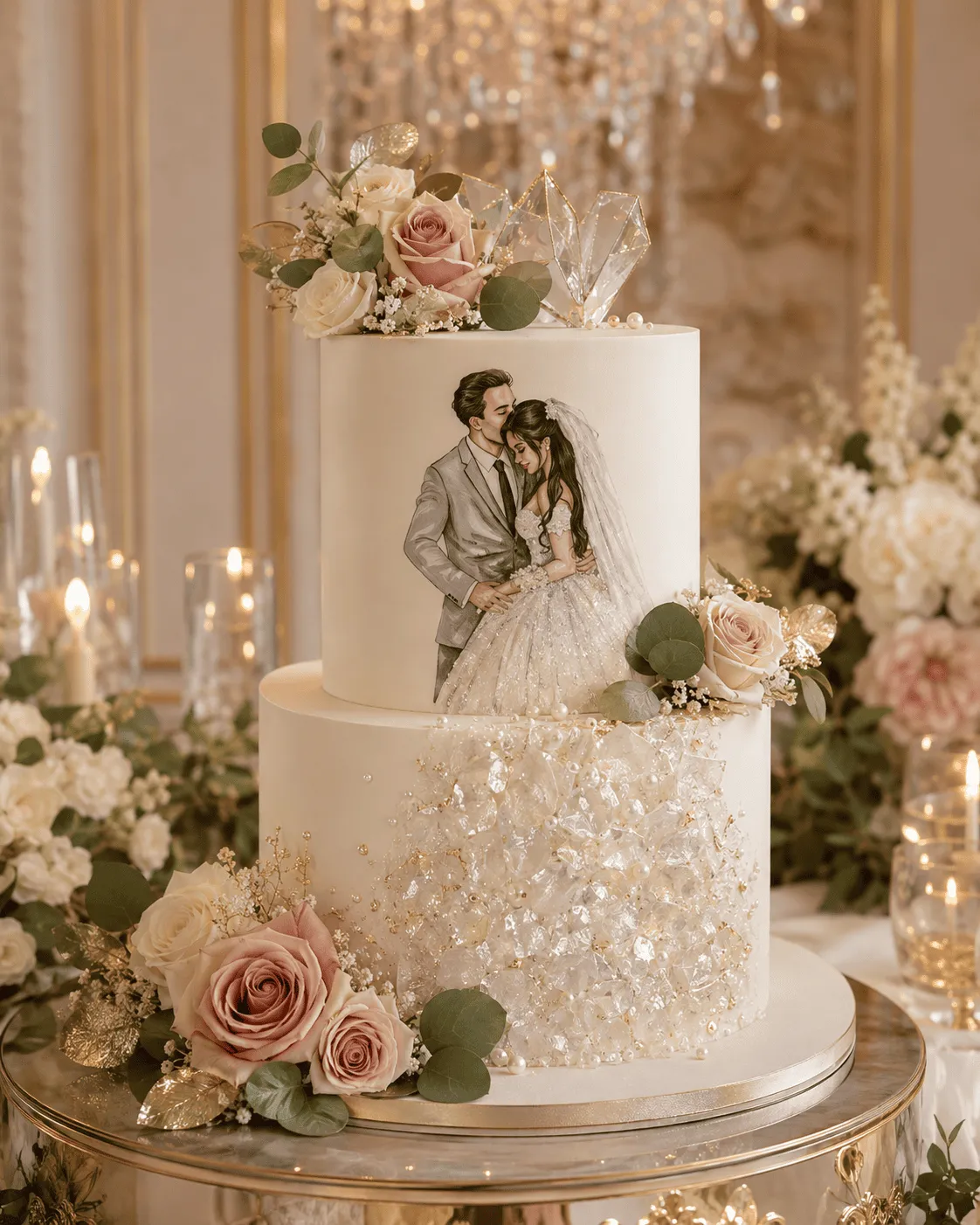 Two-tier wedding cake with a hand-painted bride and groom portrait, sparkling sugar crystals and blush roses