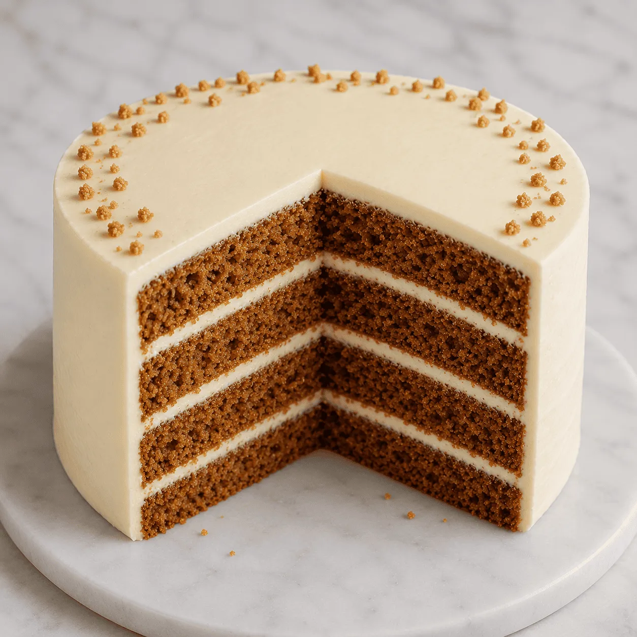 Whole carrot cake with a slice cut out showing moist layers and cream cheese frosting, gold pearl border
