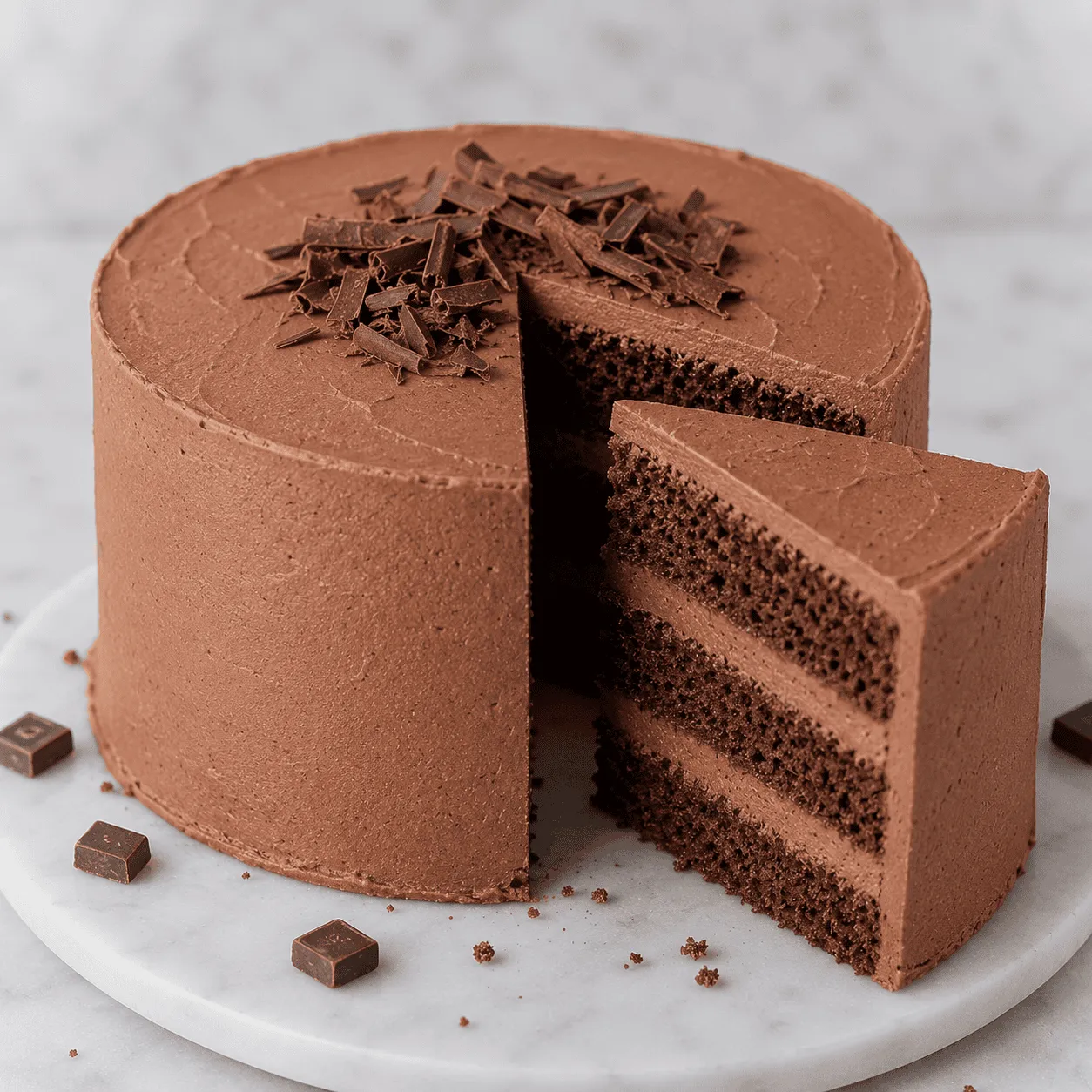 Whole chocolate cake topped with chocolate shavings, a slice cut to show the moist layers