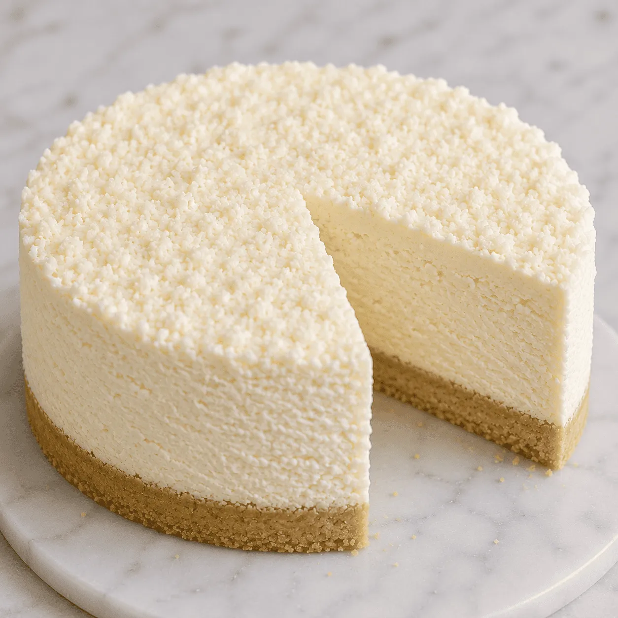 Whole classic cheesecake with a wedge cut out, showing the creamy filling and biscuit crust